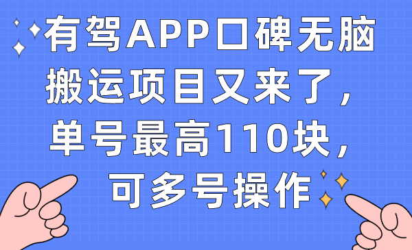 有驾APP口碑无脑搬运项目又来了，单号最高110块，可多号操作-臭虾米项目网