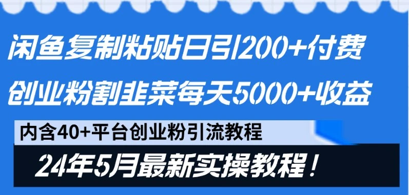 闲鱼复制粘贴日引200 付费创业粉，24年5月最新方法！割韭菜日稳定5000 收益