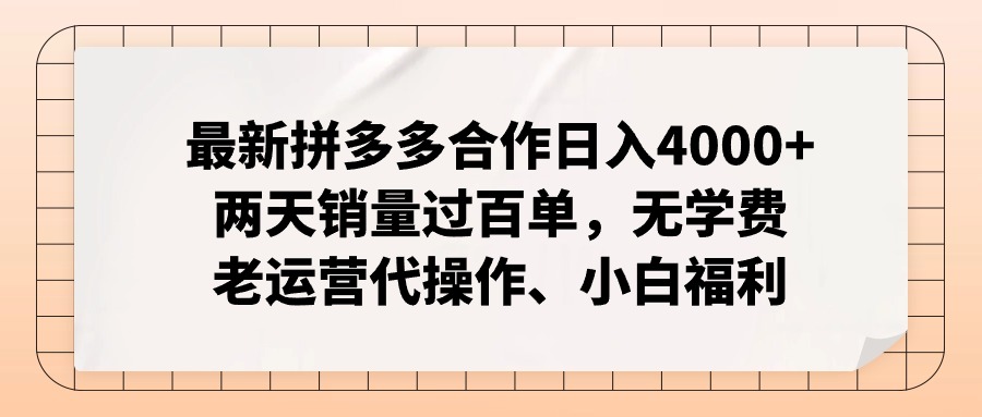 最新拼多多合作日入4000 两天销量过百单，无学费、老运营代操作、小白福利-臭虾米项目网